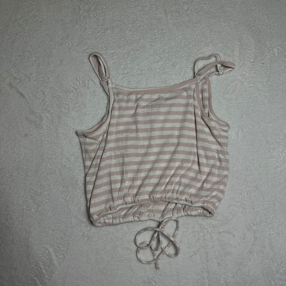 Aerie Women's L Pink White Striped Rib Knit Cami Tank Drawstring Hem Fairycore - Picture 2 of 5